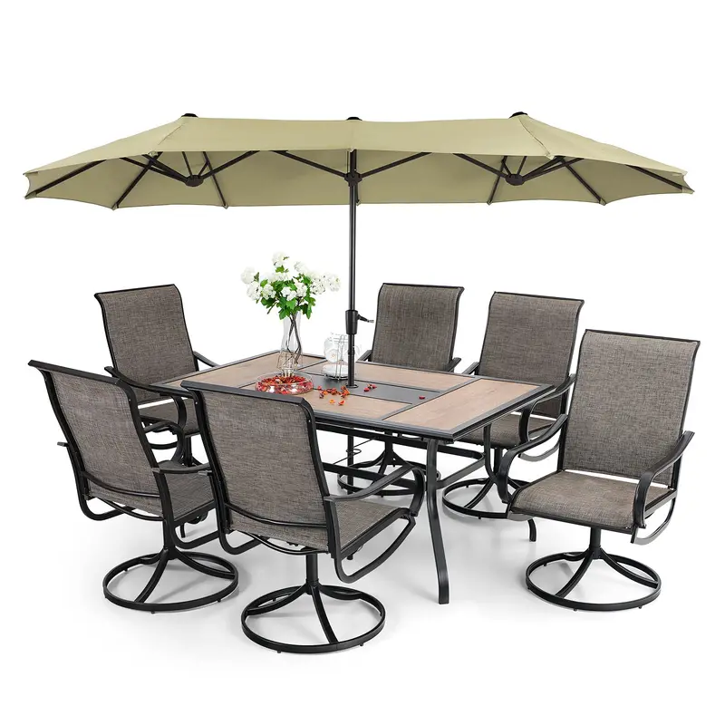 Complete Outdoor Dining Set – 8-Piece Patio Table and Chair Ensemble with Swivel Sling Seating and Canopy Umbrella