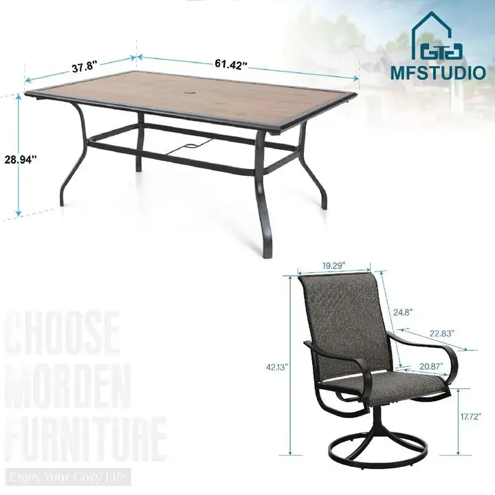 Complete Outdoor Dining Set – 8-Piece Patio Table and Chair Ensemble with Swivel Sling Seating and Canopy Umbrella
