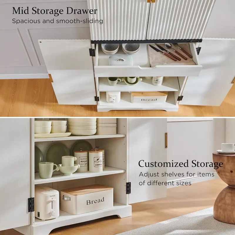Contemporary Fluted Pantry Cabinet – 72-Inch Tall Wooden Storage Unit Featuring Adjustable Shelves and Soft-Close Drawer 2
