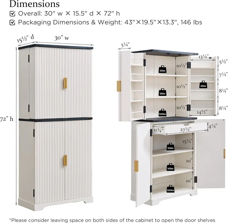 Contemporary Fluted Pantry Cabinet – 72-Inch Tall Wooden Storage Unit Featuring Adjustable Shelves and Soft-Close Drawer