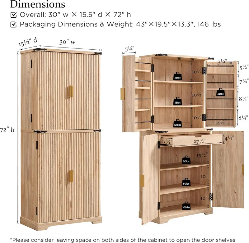 Contemporary Fluted Pantry Cabinet – 72-Inch Tall Wooden Storage Unit Featuring Adjustable Shelves and Soft-Close Drawer