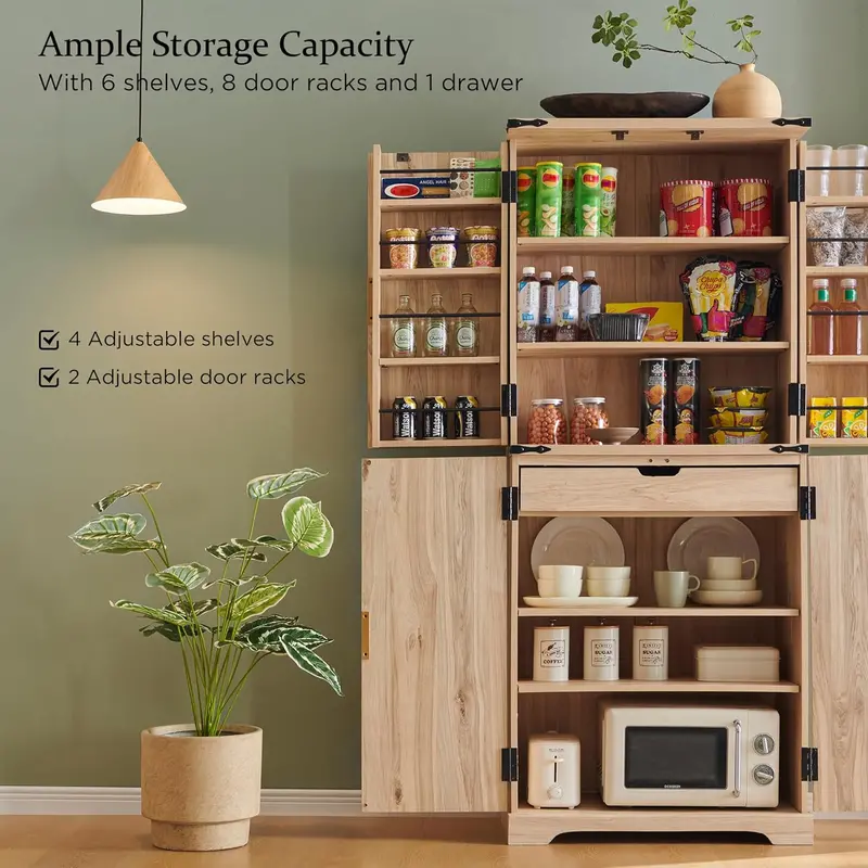Contemporary Fluted Pantry Cabinet – 72-Inch Tall Wooden Storage Unit Featuring Adjustable Shelves and Soft-Close Drawer