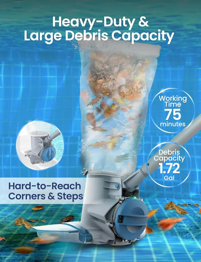 Cordless Pool Vacuum Cleaner – 30 GPM Suction, 75-Min Battery Life, Large Debris Bag for In-Ground & Above-Ground Pools