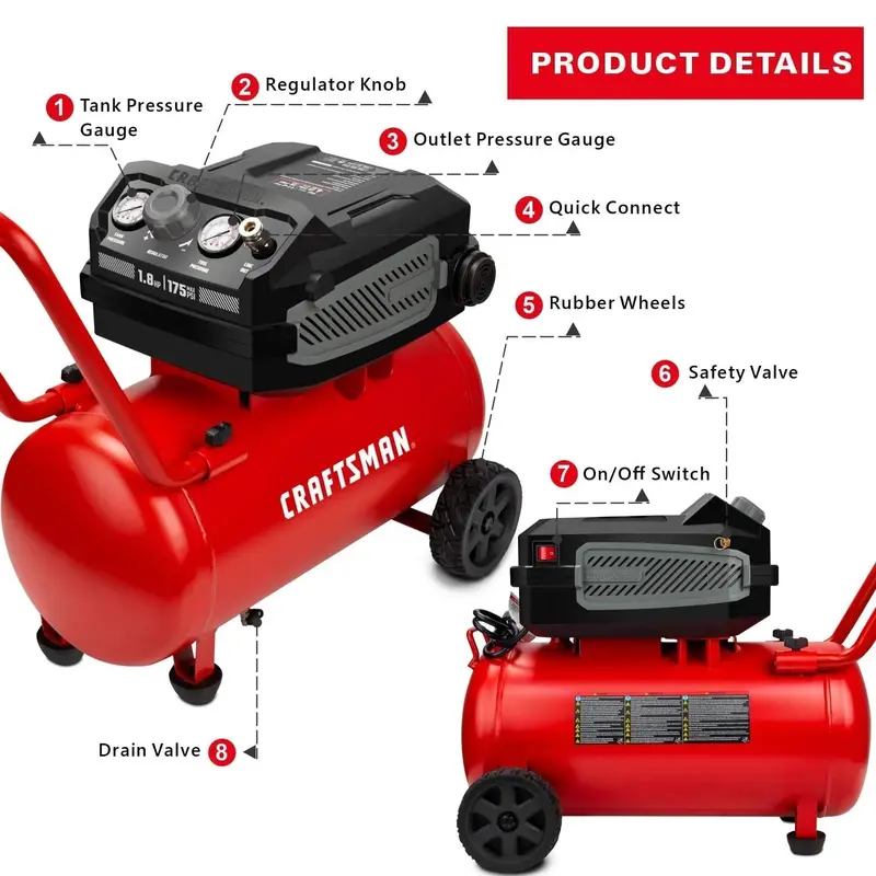 CRAFTSMAN CMXECXA0201041 10-Gallon Oil-Free Air Compressor – 1.8 HP, 175 PSI, 4.0 CFM at 90 PSI, Portable Design with Oversized Wheels