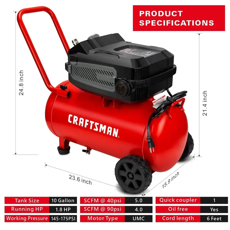 CRAFTSMAN CMXECXA0201041 10-Gallon Oil-Free Air Compressor – 1.8 HP, 175 PSI, 4.0 CFM at 90 PSI, Portable Design with Oversized Wheels