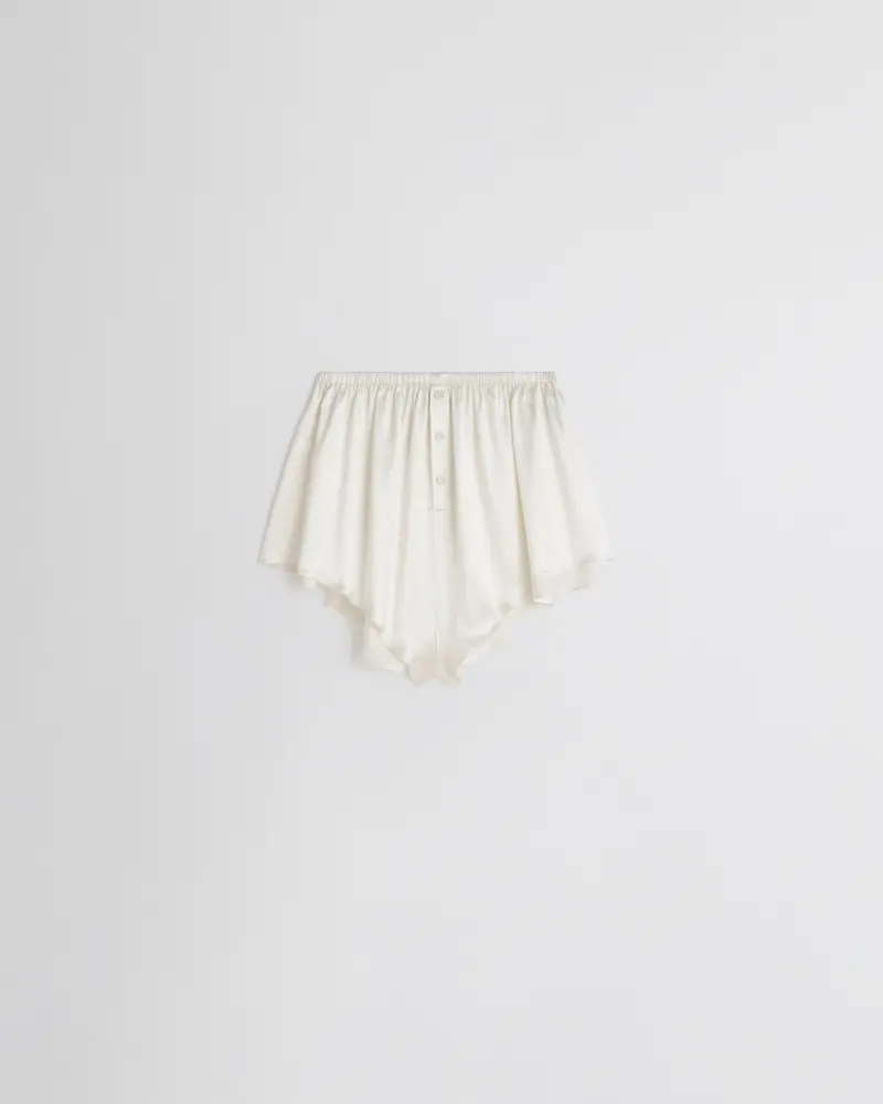 Cream Silk Liquid-Fit Shorts With Decorative Button Fly