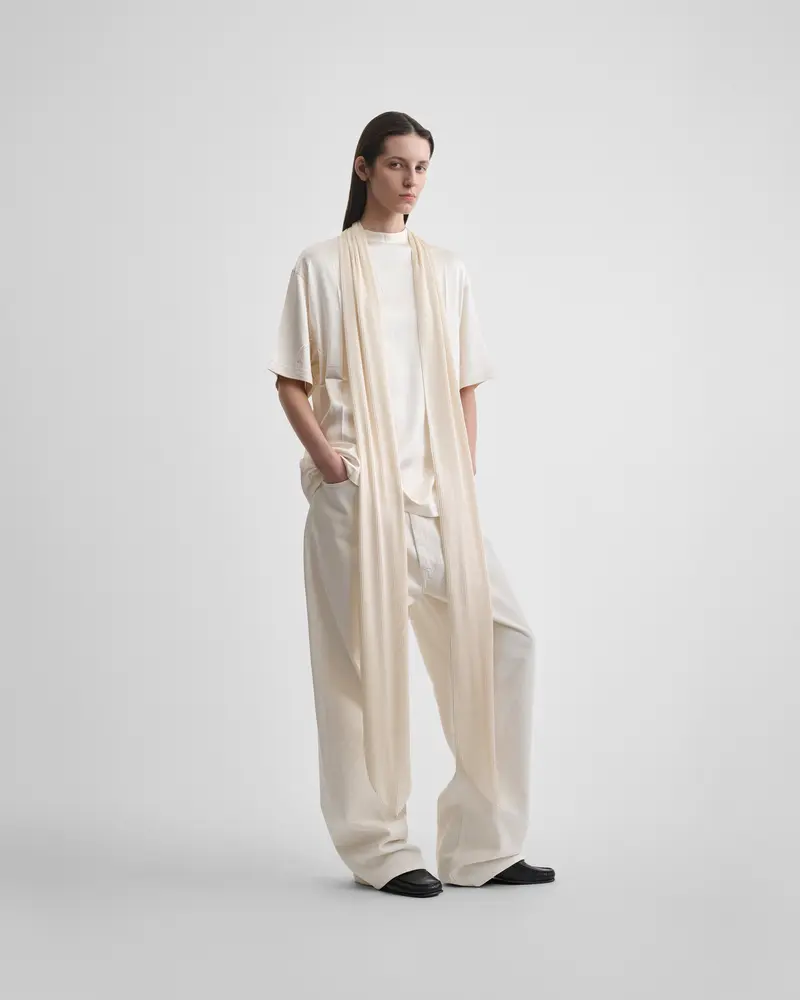 Cream Stretch Silk Detachable Scarf T-Shirt