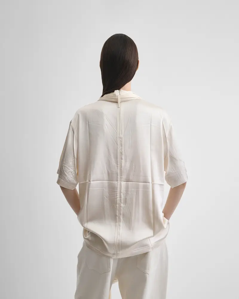 Cream Stretch Silk Detachable Scarf T-Shirt