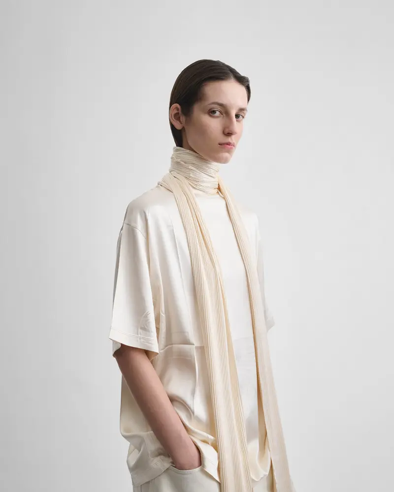 Cream Stretch Silk Detachable Scarf T-Shirt