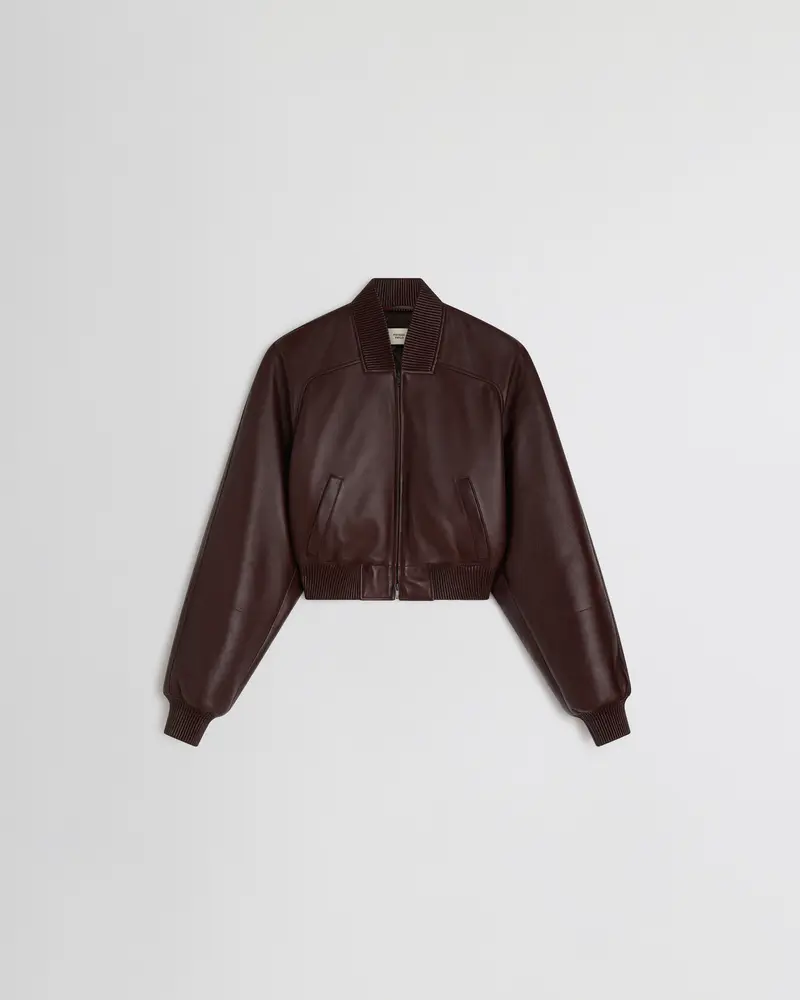 Cropped Merlot Leather Bomber Jacket With Textured Finish