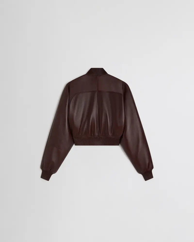 Cropped Merlot Leather Bomber Jacket With Textured Finish 2