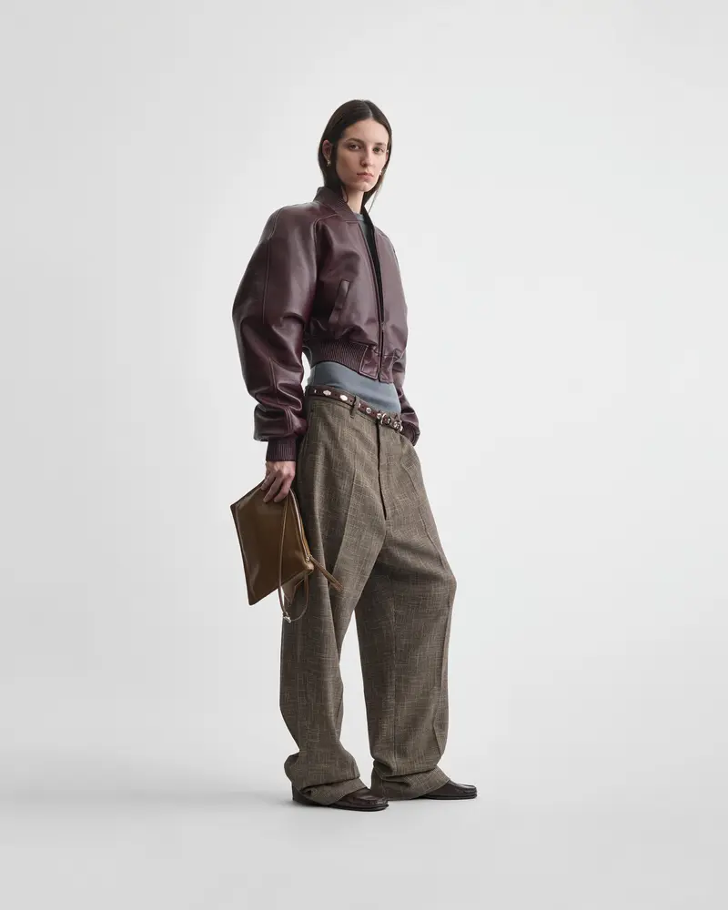 Cropped Merlot Leather Bomber Jacket With Textured Finish