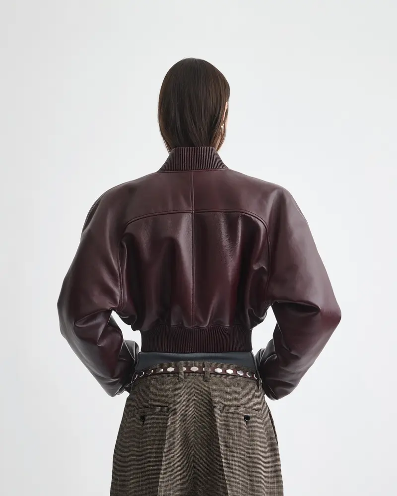Cropped Merlot Leather Bomber Jacket With Textured Finish