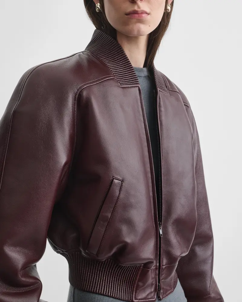 Cropped Merlot Leather Bomber Jacket With Textured Finish