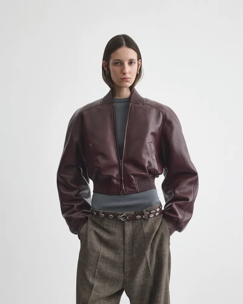 Cropped Merlot Leather Bomber Jacket With Textured Finish