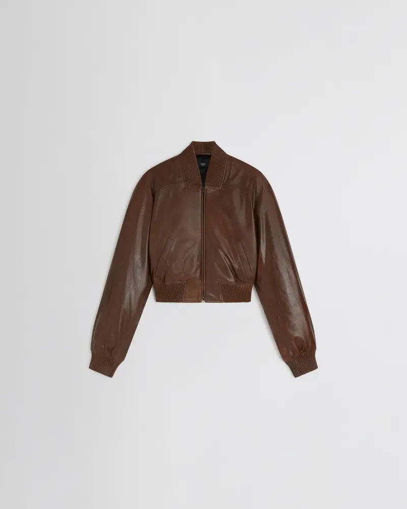 Cropped Tobacco Leather Bomber Jacket With Quilted Lining