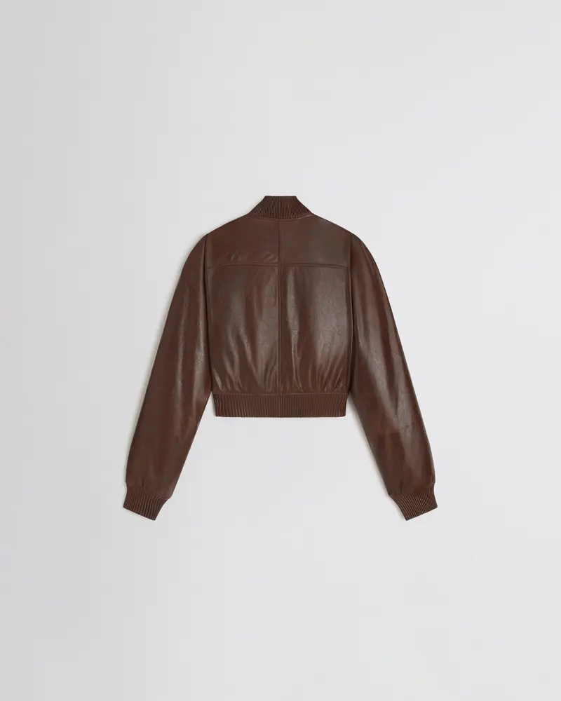 Cropped Tobacco Leather Bomber Jacket With Quilted Lining 2