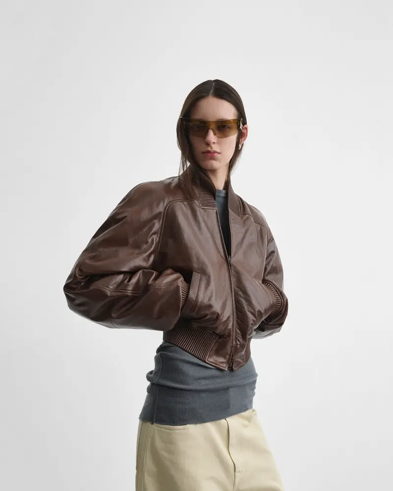 Cropped Tobacco Leather Bomber Jacket With Quilted Lining