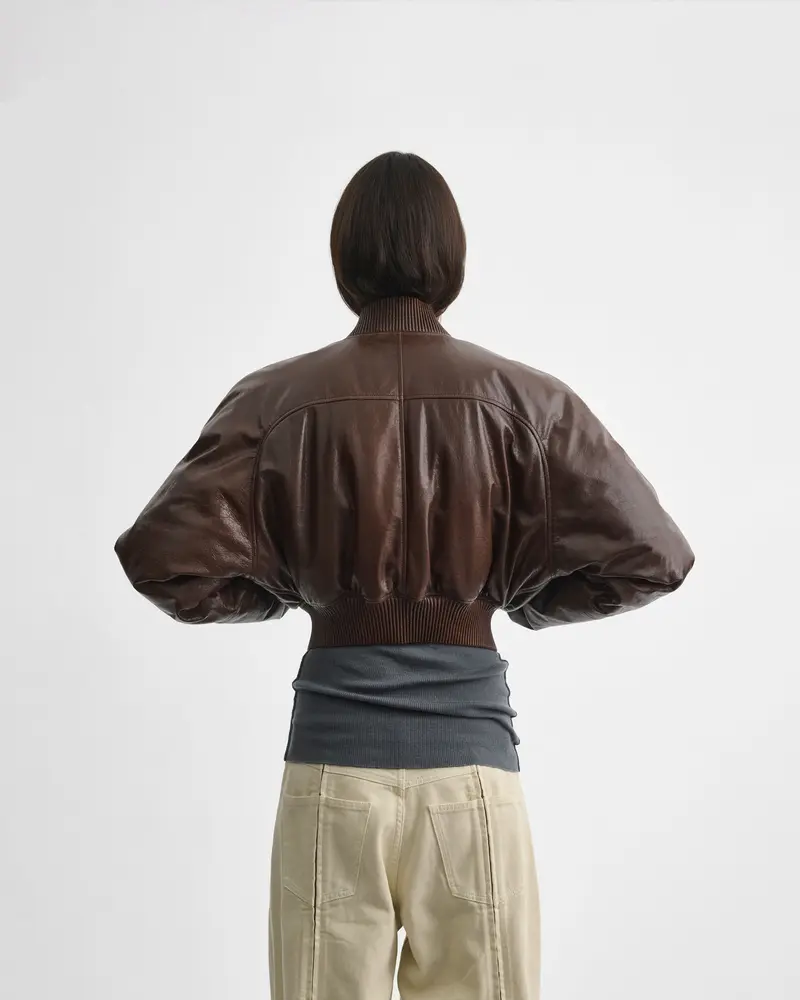 Cropped Tobacco Leather Bomber Jacket With Quilted Lining