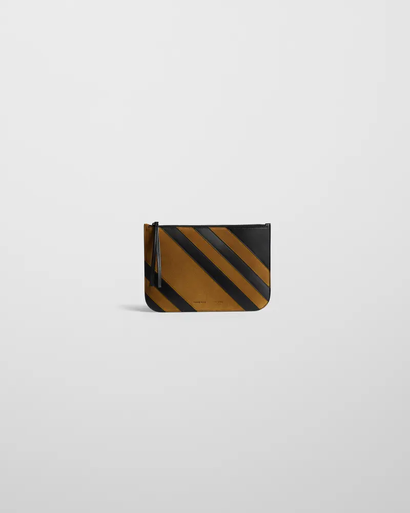 Curved Zip Pouch In Black Leather And Toffee Suede