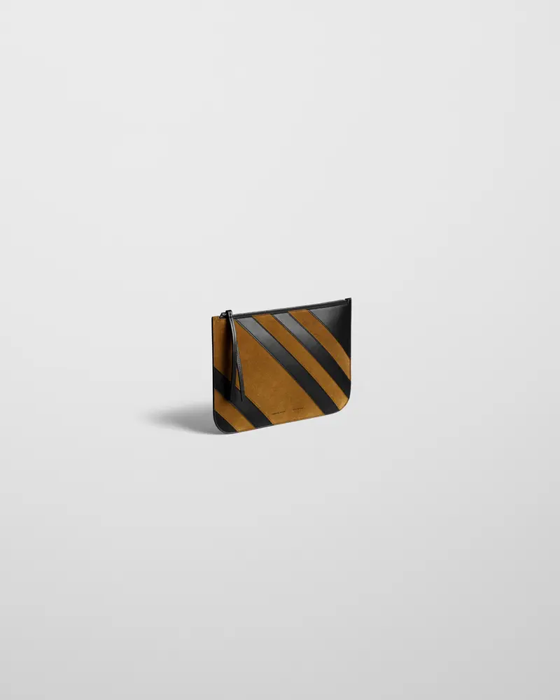 Curved Zip Pouch In Black Leather And Toffee Suede 2