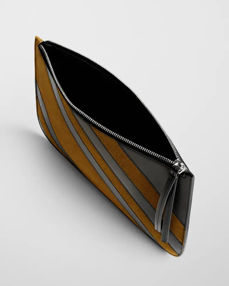 Curved Zip Pouch In Black Leather And Toffee Suede