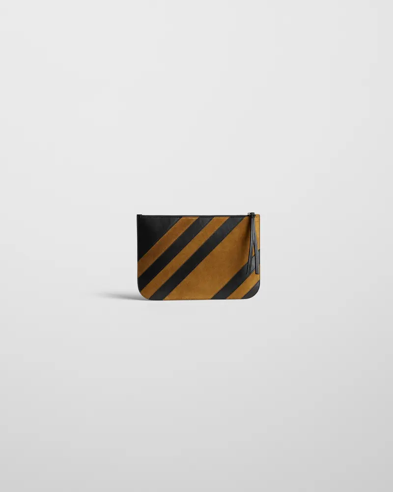 Curved Zip Pouch In Black Leather And Toffee Suede