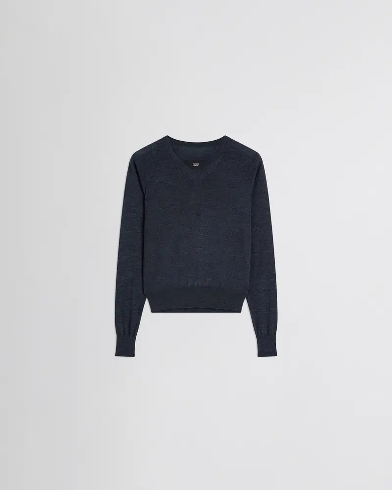 Dark Blue Mélange Merino Wool V-Neck Jumper