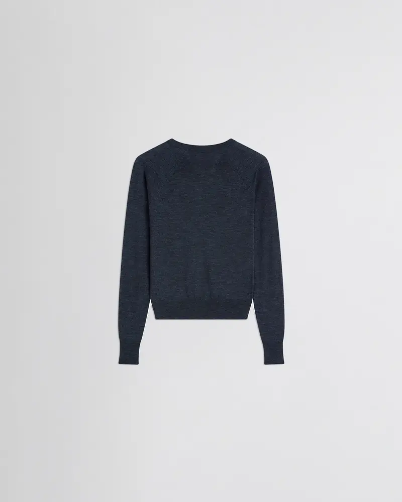 Dark Blue Mélange Merino Wool V-Neck Jumper 2