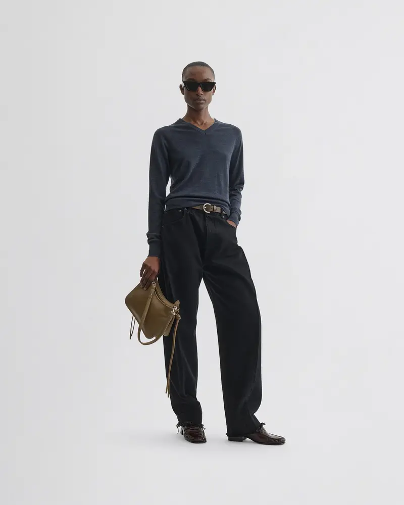 Dark Blue Mélange Merino Wool V-Neck Jumper