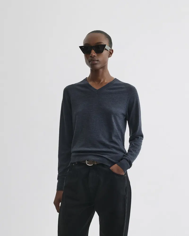 Dark Blue Mélange Merino Wool V-Neck Jumper