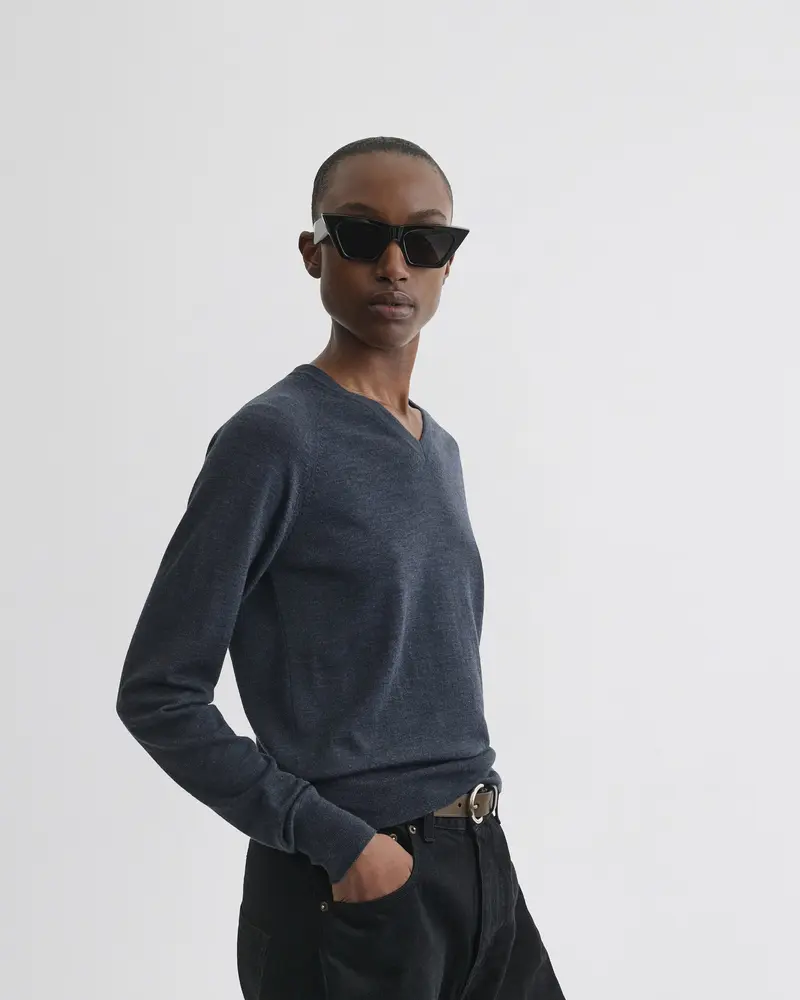 Dark Blue Mélange Merino Wool V-Neck Jumper
