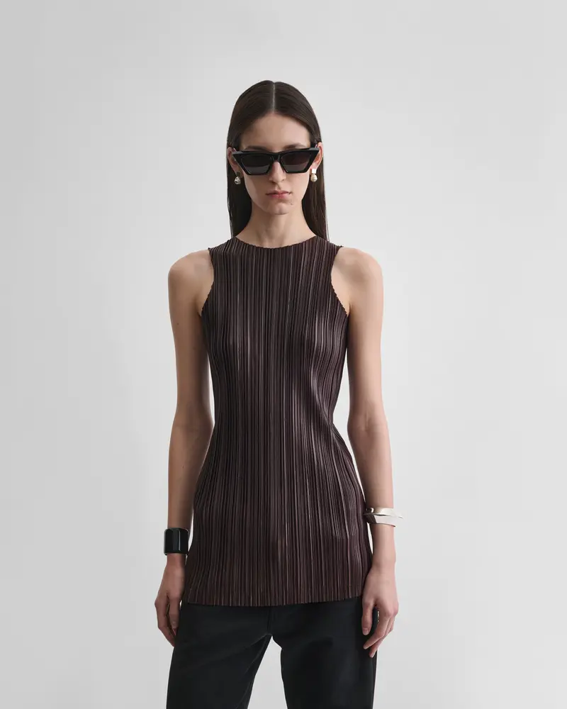 Dark Brown Laminated Polyester Razor-Pleat Tank Top