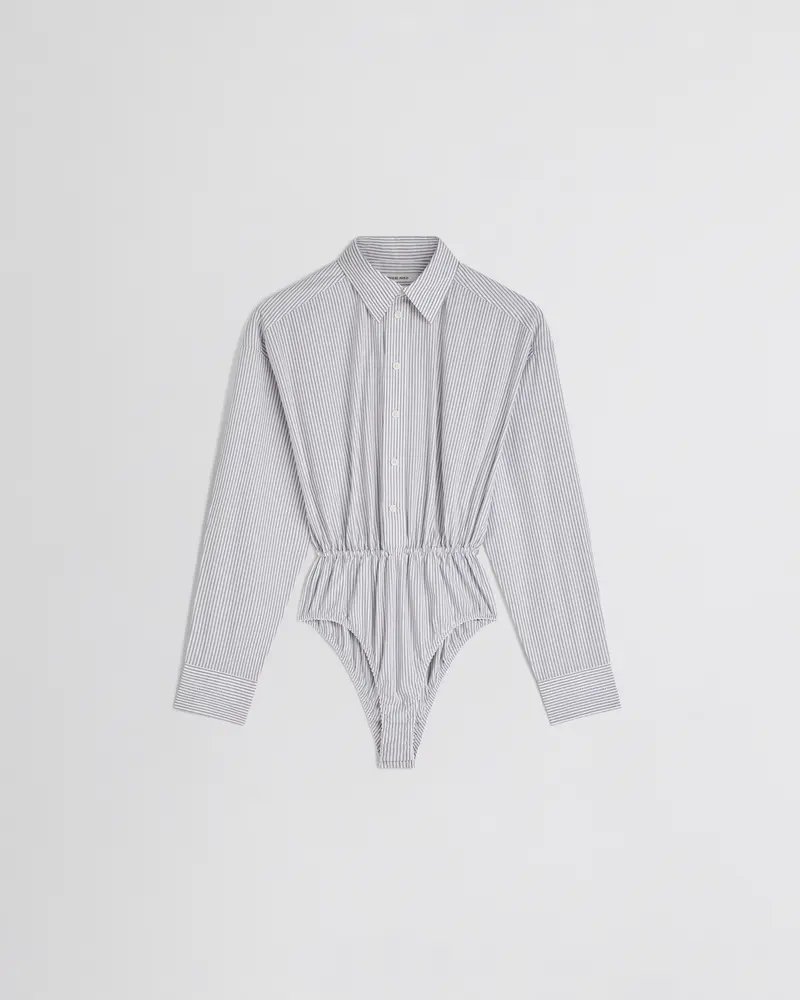 Dark Grey And White Pinstripe Shirt-Shorts Hybrid With Embroidered Cuff