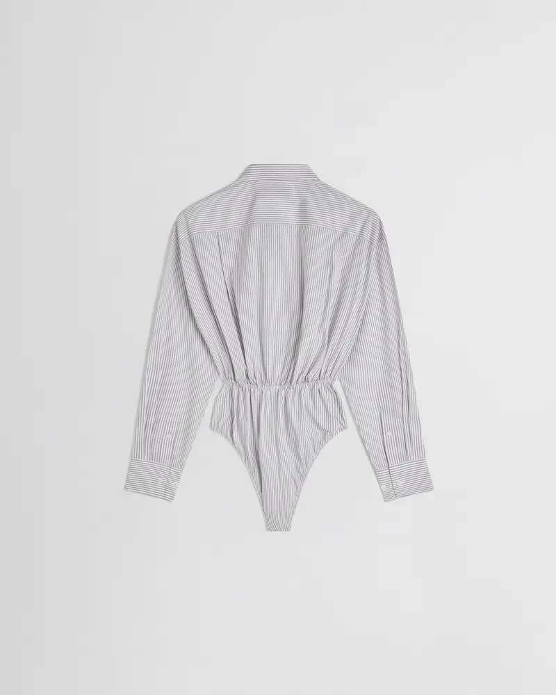 Dark Grey And White Pinstripe Shirt-Shorts Hybrid With Embroidered Cuff 2