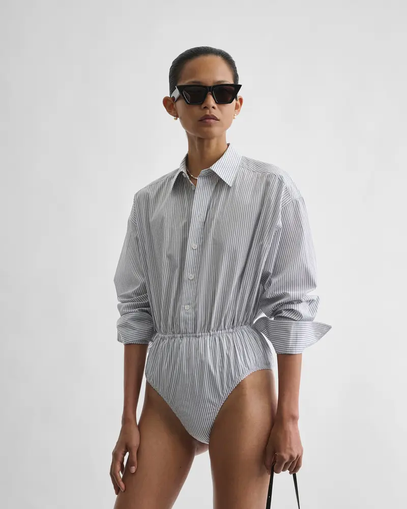 Dark Grey And White Pinstripe Shirt-Shorts Hybrid With Embroidered Cuff