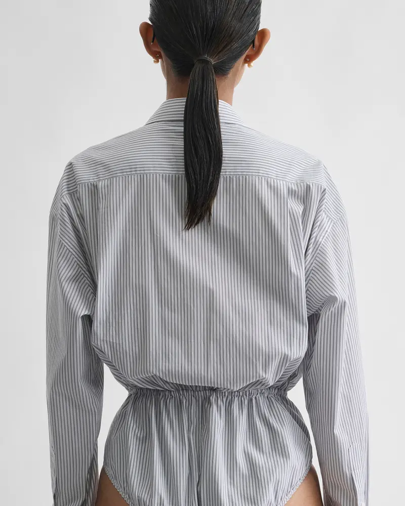 Dark Grey And White Pinstripe Shirt-Shorts Hybrid With Embroidered Cuff