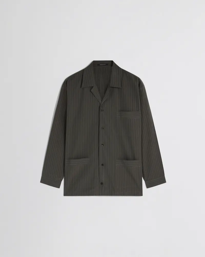 Dark Khaki Pinstripe Pyjama Shirt With Textured Sleeve Detail