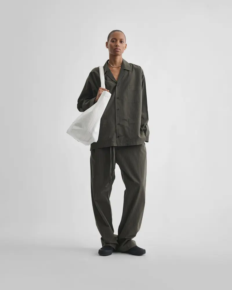 Dark Khaki Pinstripe Pyjama Shirt With Textured Sleeve Detail