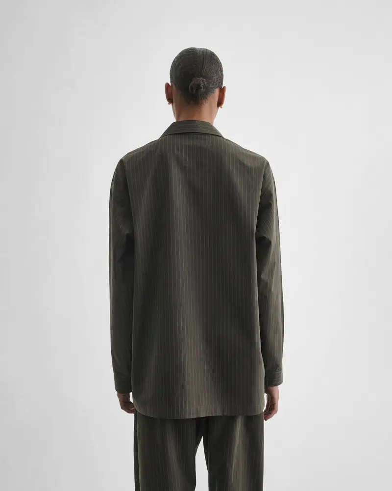 Dark Khaki Pinstripe Pyjama Shirt With Textured Sleeve Detail