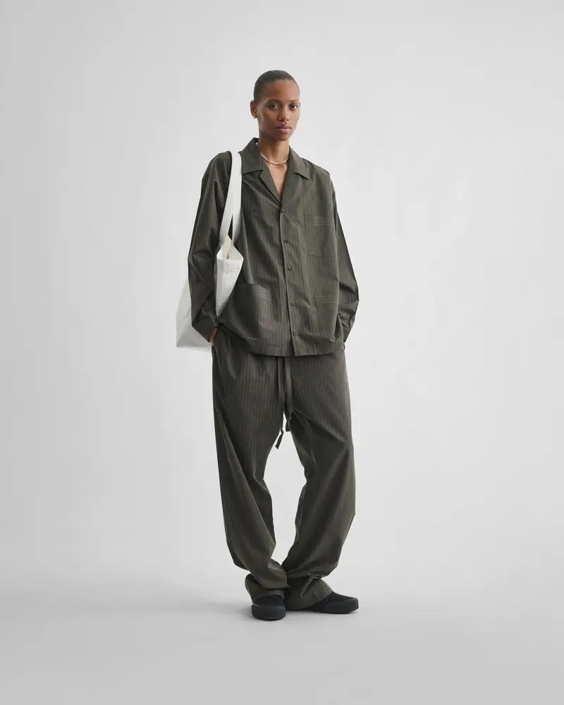 Dark Khaki Pinstripe Pyjama Trousers With Soft Cotton Finish