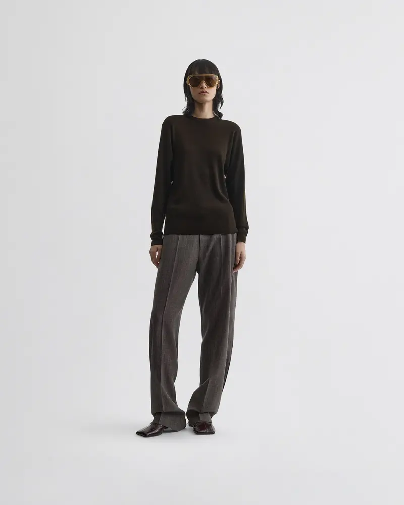 Dark Khaki Wool Ribbed Long-Sleeve Crewneck Sweater