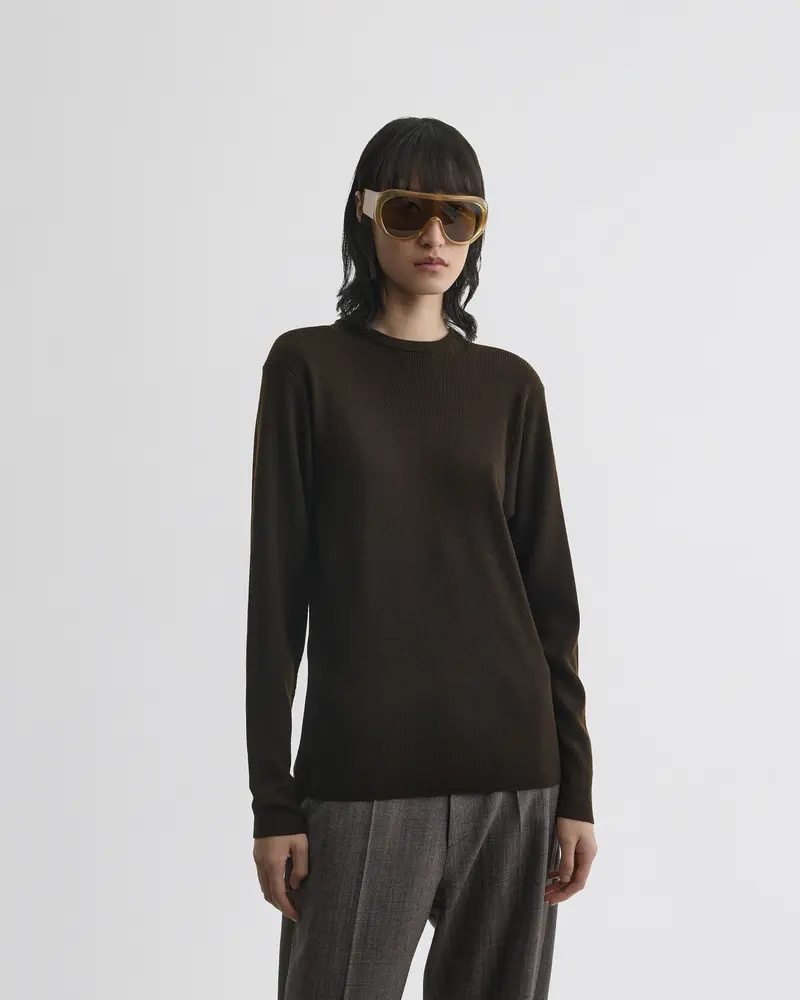 Dark Khaki Wool Ribbed Long-Sleeve Crewneck Sweater
