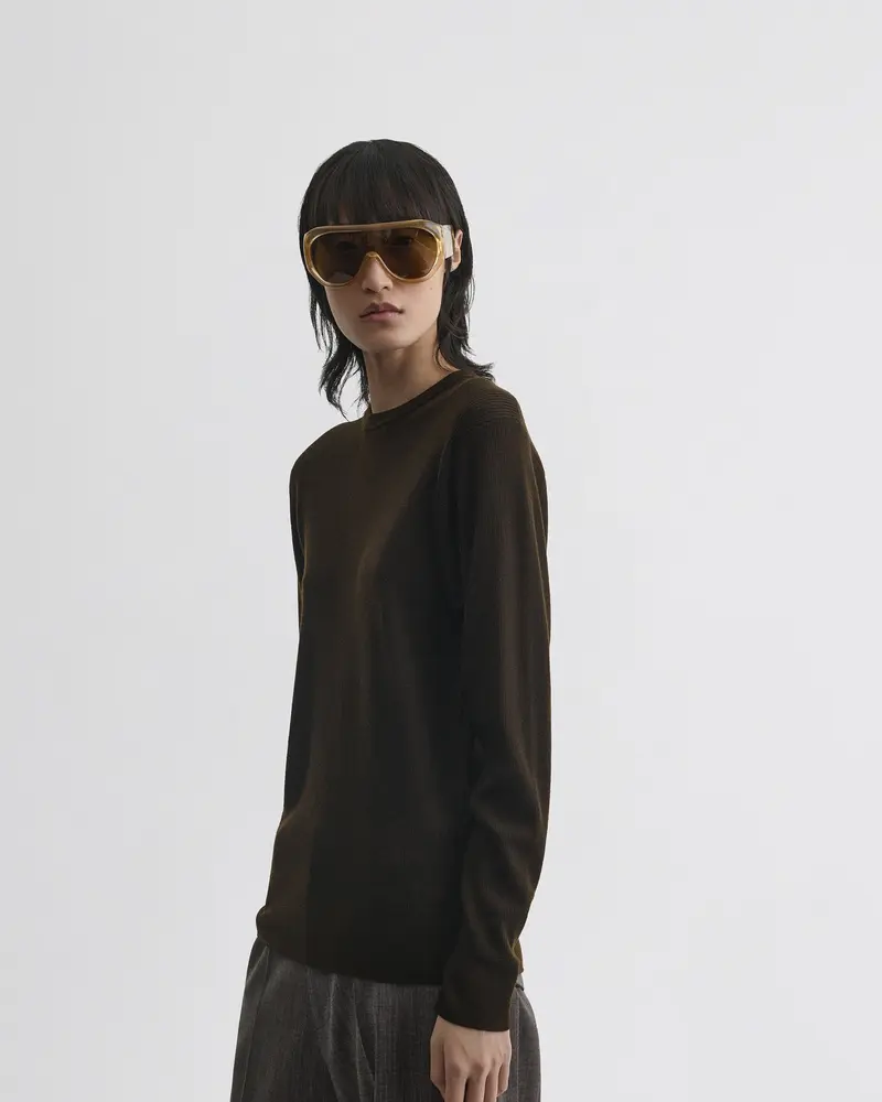 Dark Khaki Wool Ribbed Long-Sleeve Crewneck Sweater