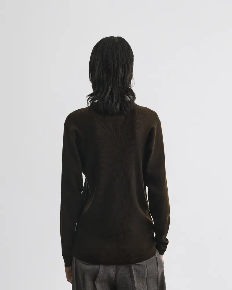 Dark Khaki Wool Ribbed Long-Sleeve Crewneck Sweater