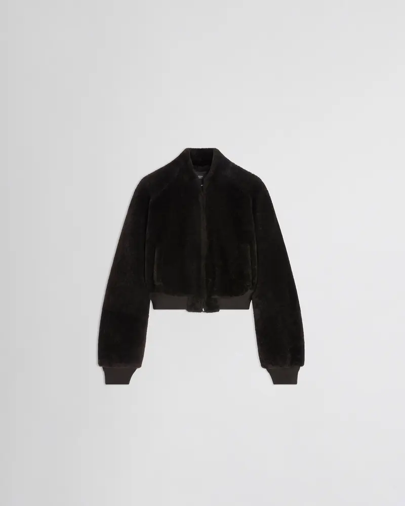 Deep Brown Shearling Cropped Bomber Jacket With Satin Lining