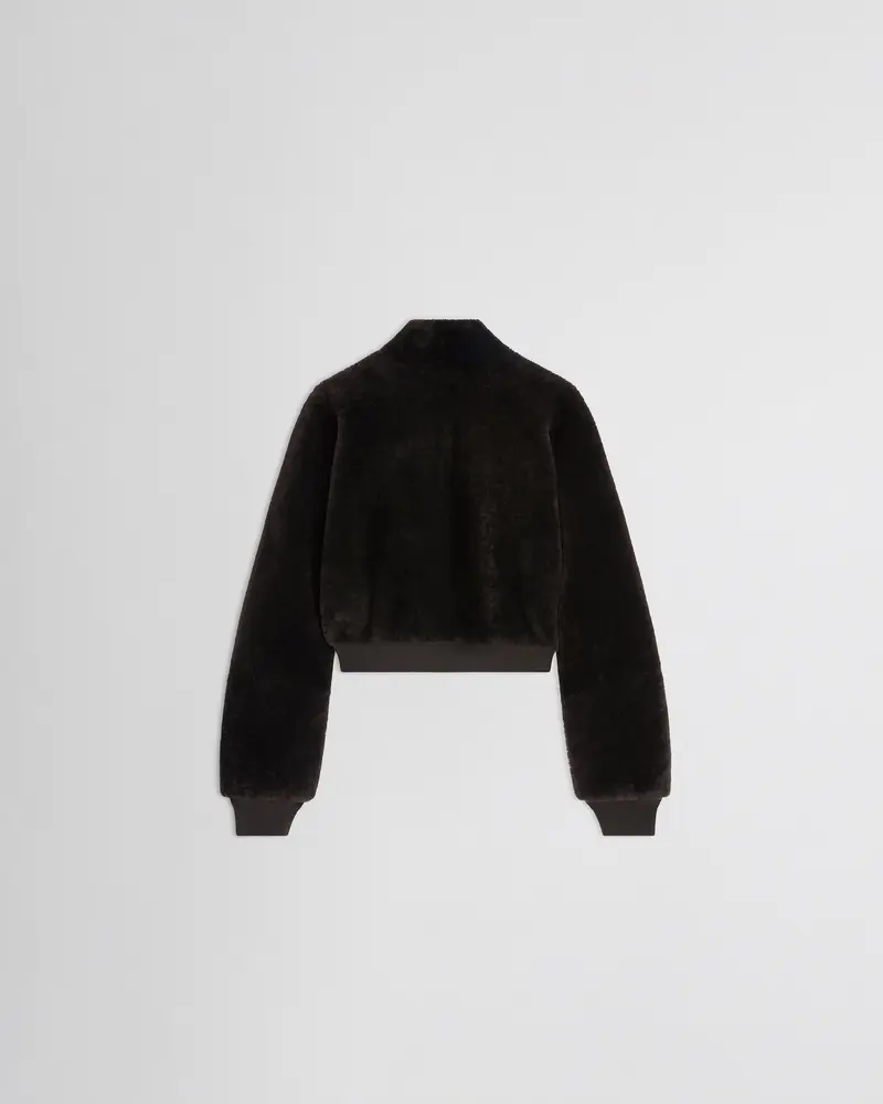 Deep Brown Shearling Cropped Bomber Jacket With Satin Lining 2
