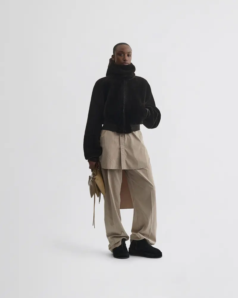 Deep Brown Shearling Cropped Bomber Jacket With Satin Lining