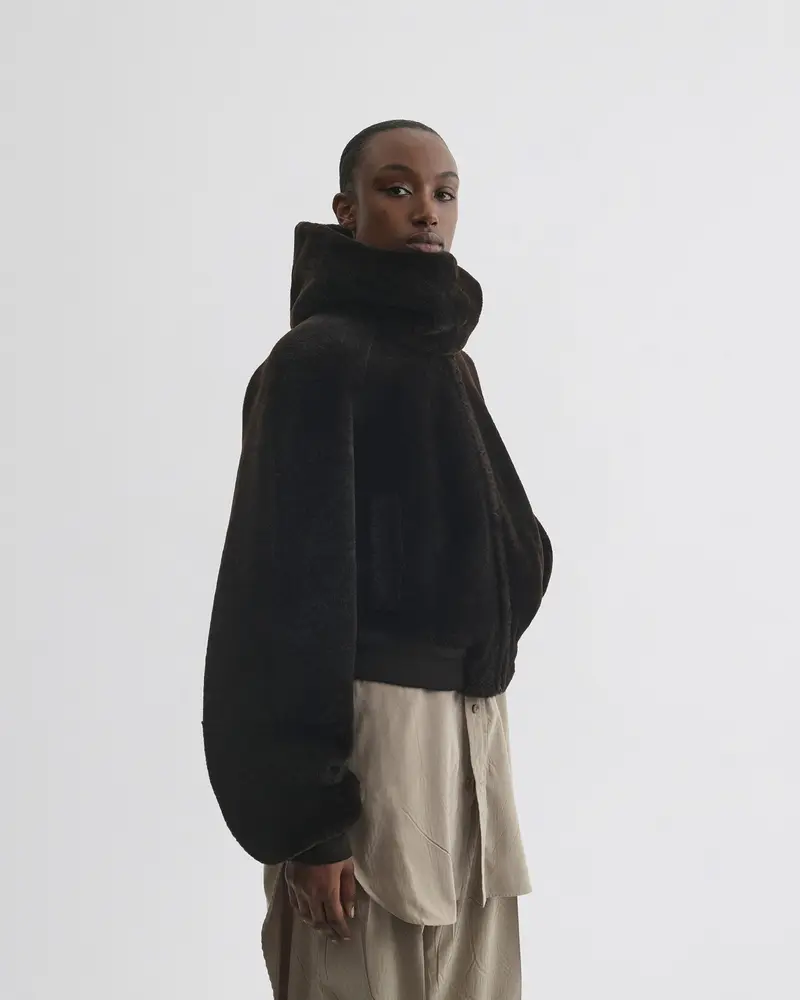Deep Brown Shearling Cropped Bomber Jacket With Satin Lining