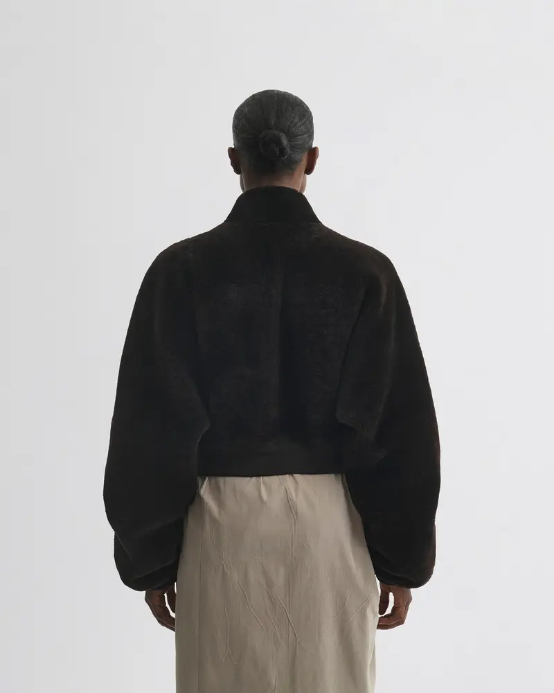 Deep Brown Shearling Cropped Bomber Jacket With Satin Lining